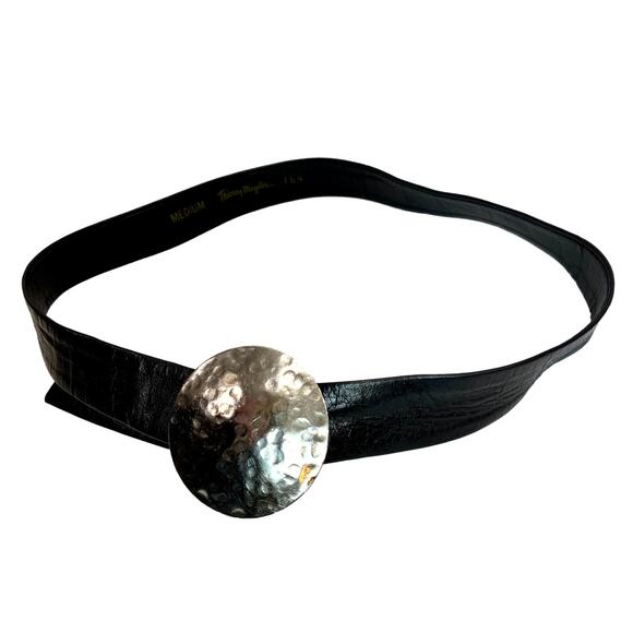 Vintage Thierry Mugler Black Leather Belt Hammered Silver Disc Buckle M main image 9